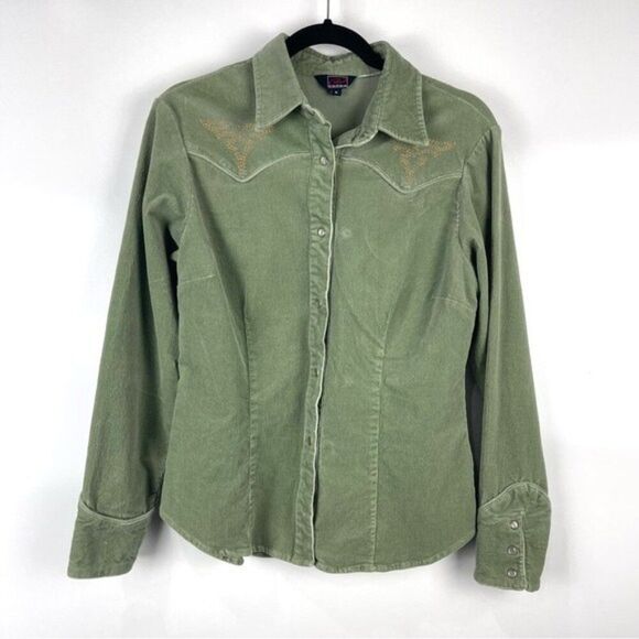 Roper Tops - Roper Green Corduroy Embroidered Button Up Long Sleeve Western Shirt Size Medium